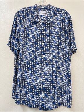 Bold Blue Geometric Mod Print Psychedelic Short-Sleeve Button up Shirt Mens XL
